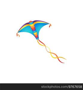 Cartoon kite isolated vector icon. Colorful flying kids toy with bright wings and ribbons on tail bottom view. Happy Makar Sankranty holiday symbol isolated on white background. Cartoon kite isolated vector icon, flying kids toy