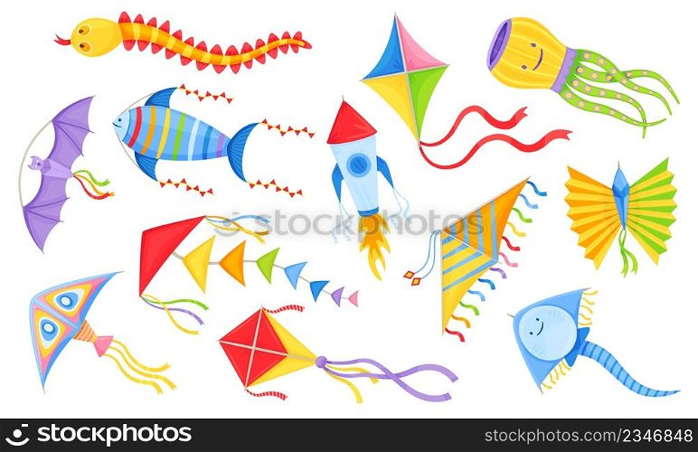 Cartoon kites, colorful flying children toy with ribbons. Kite festival, animal shape wind toys, summer outdoor kids activity vector set. Wind flying game in different forms as fish, snake. Cartoon kites, colorful flying children toy with ribbons. Kite festival, animal shape wind toys, summer outdoor kids activity vector set