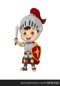 Cartoon knight boy holding sword and shield
