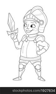 Cartoon knight vector for color book. Cute prince with sword. Medieval character for color page. Fighter in line style. Funny brutal warrior.. Cartoon knight vector for color book. Cute prince with sword. Medieval character for color page.