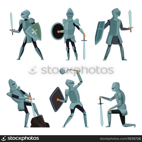 Cartoon knights. Medieval warrior on horse vector cartoon characters in action poses. Warrior knight soldier in different pose figure illustration. Cartoon knights. Medieval warrior on horse vector cartoon characters in action poses