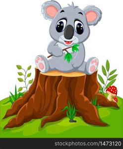 Cartoon koala posing on tree stump