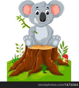Cartoon koala presenting on tree stump