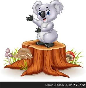 Cartoon koala presenting on tree stump