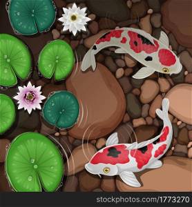 Cartoon koi fish swimming in water with leaves and lotus flowers