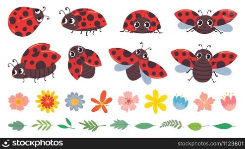 Cartoon ladybug. Cute ladybugs with flowers and leaves, red bug and insects vector illustration set. Funny lady bugs, flower buds and foliage pack. Dotted flying beetle stickers collection. Cartoon ladybug. Cute ladybugs with flowers and leaves, red bug and insects vector illustration set. Funny lady bugs, flower buds and foliage pack. Childish flying beetle stickers collection