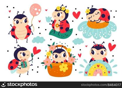 Cartoon ladybug. Cute little insect characters. Bright red funny beetles with polka dots. Cartoon bugs with flowers and balloon. Happy ladybird on rainbow and clouds. Small animal. Garish vector set. Cartoon ladybug. Cute insect characters. Bright red funny beetles with polka dots. Cartoon bugs with flowers and balloon. Ladybird on rainbow and clouds. Small animal. Garish vector set