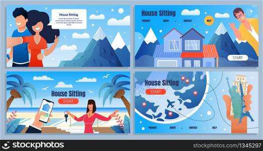 Cartoon Landing Page Offering House Sitting on Vacation at Tropical, Mountain Resort and in Europe. Rest in Comfort and Share Economy. Mobile App for Search Place to Stay. Vector Flat Illustration. Landing Page Offering House Sitting at Resort