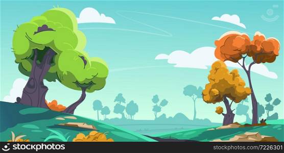 Cartoon landscape background. Countryside with green meadows and hills, nature park scene. Vector image panoramic green environment spring scenery. Cartoon landscape background. Countryside with green meadows and hills, nature park scene. Vector green environment spring scenery