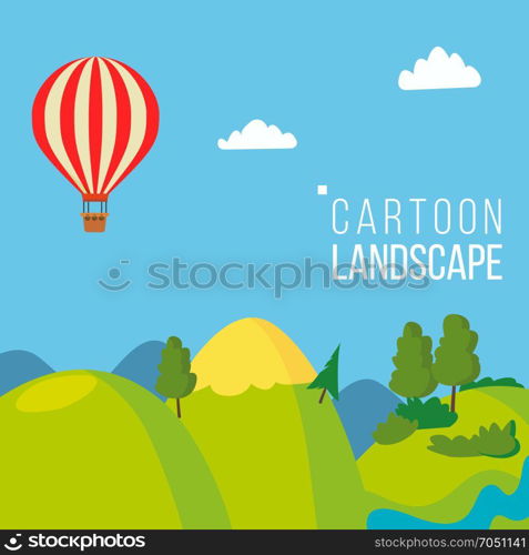 Cartoon Landscape Background Vector. Spring, Summer Season Meadow Landscape. Tree, Green Field, Clouds. Cartoon Flat Illustration. Cartoon Landscape Background Vector. Spring, Summer Season Meadow Landscape. Tree, Green Field, Clouds. Cartoon Flat