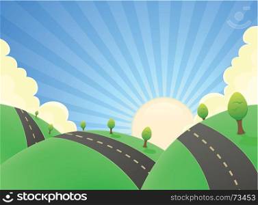 Cartoon Landscape Road In The Summer. Illustration of a cartoon rounded road snaking in a spring or summer landscape with hills of fields and grass