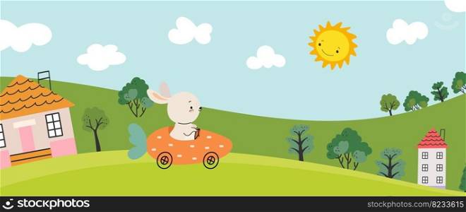 Cartoon landscape with cute bunny drive carrot car. Nature childish banner, smiling sun and rabbit. Village vector background, cute animal and tiny house. Illustration of bunny easter auto. Cartoon landscape with cute bunny drive carrot car. Nature childish banner, smiling sun and rabbit. Village vector background, cute animal and tiny house