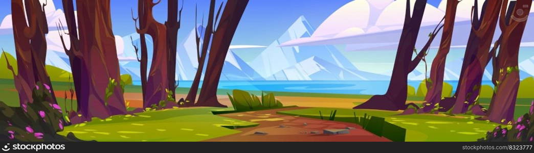 Cartoon landscape with dirt road in forest and mountain lake scenery view. Summer nature background with tree trunks, rocks, green grass, bushes and sunlight spots on ground, vector illustration. Cartoon landscape with dirt road in forest view