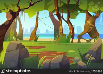 Cartoon landscape with forest and sea view, scenery background, natural trees, moss on trunks and rocks in ocean, green grass, bushes and sunlight spots on ground, summer wood vector illustration. Cartoon landscape with forest and sea view, nature