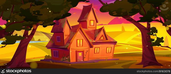 Cartoon landscape with house near trees and rural fields at sunset, vector background illustration. Village scene with country cottage and farmland on river banks, pink sky with clouds, golden light.. House near trees and rural fields at sunset