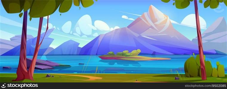 Cartoon landscape with river or lake near mountains. Natural horizontal background of pond, trees and greenery on banks, rocky hills and clouds on sunny sky. Panorama of highland water body.. Cartoon landscape - river or lake near mountains.
