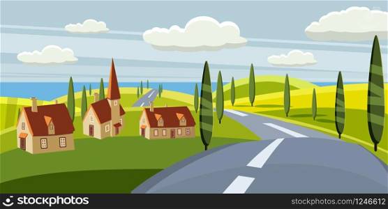 Cartoon landscape with road, higway, countryside and summer, sea, sun, trees willage houses. Cartoon landscape with road, higway, countryside and summer, sea, sun, trees, willage, houses. Trip, vacation, travel. Vector illustration, isolated, cartoon style