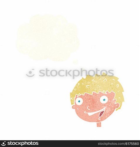 cartoon laughing boy with thought bubble