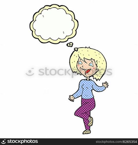 cartoon laughing woman with thought bubble