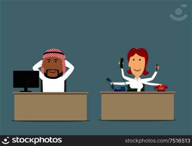 Cartoon lazy arab chief relaxing at workplace while his secretary working. Lazy worker, unfair teamwork, overwork, shirker theme design. Lazy chief and busy secretary in office