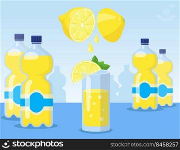 Cartoon lemonade in glass and bottles flat vector illustration. Process of making yellow lemonade with sliced lemons on blue background. Drinks, beverages concept for advertisement or banner design
