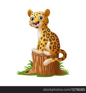 Cartoon leopard sitting on tree stump