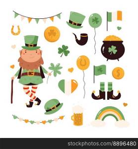 Cartoon leprechaun girl n traditional costume and holiday elements, symbol. St Patricks day card. Funny Irish character and stickers isolated on white background. Cartoon leprechaun in traditional costume and holiday elements, symbols