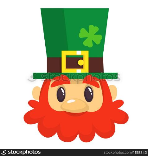 Cartoon Leprechaun head in green hat. Head with Red beard. Portrait for St. Patricks Day celebration in Ireland