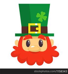 Cartoon Leprechaun head in green hat. Head with Red beard. Portrait for St. Patricks Day celebration in Ireland