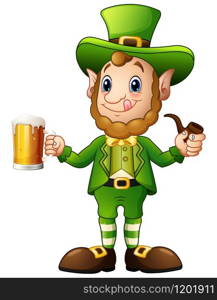 Cartoon Leprechaun holding a glass of beer and pipes