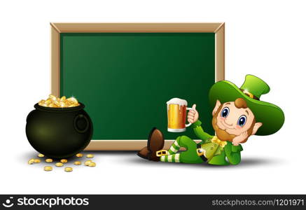 Cartoon Leprechaun holding a mug beer with chalkboard and pot of gold coins