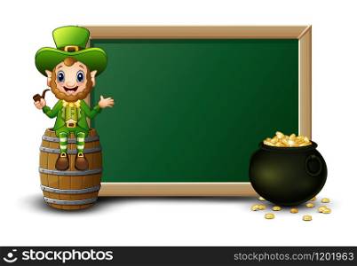 Cartoon leprechaun sitting above barrel with chalkboard and pot of gold coins