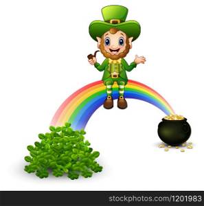 Cartoon leprechaun sitting on the rainbow with Pot full of golden coins and clovers