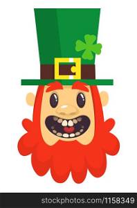 Cartoon Leprechaun smiling. Head with Red beard. Portrait for St. Patricks Day. Vector illustration