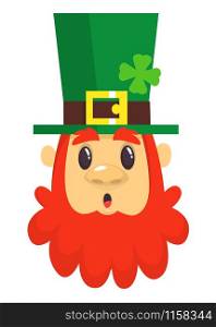 Cartoon Leprechaun surprised. Head with Red beard. Portrait for St. Patricks Day celebration in Ireland
