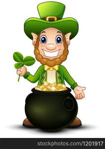 Cartoon Leprechaun with pot of gold and holding clover leaf