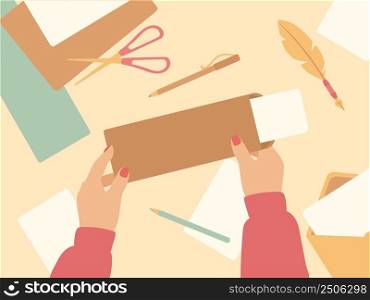 Cartoon letter writing. Hand holding brown vintage envelope, craft paper and postcard. Post office elements, real mail neat vector background. Illustration of correspondence to communication. Cartoon letter writing. Hand holding brown vintage envelope, craft paper and postcard. Post office elements, real mail neat vector background