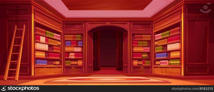 Cartoon library interior with bookshelf vector background. Wooden ladder near bookcase on carpet at home illustration. Empty librarian storage with shelf in university for education and reading.. Cartoon library interior with bookshelf background