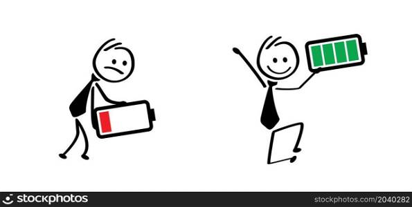 Cartoon Life energy. Stickman, Businessman with red low battery and stick man, business man with green full level. Charge indicator pictogram. Happy and unhappy, Energetic, tired or exhausted symbol