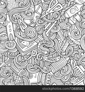 Cartoon line art cute doodles hairdressing salon seamless pattern. Detailed, with lots of objects background. Endless vector illustration.. Cartoon cute doodles hairdressing salon seamless pattern