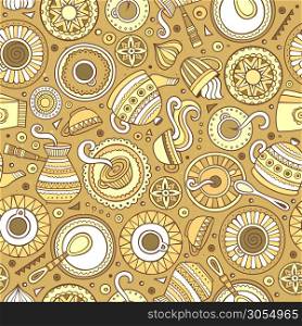 Cartoon line art hand-drawn coffee, coffee shop, cafe, tea, sweets seamless pattern. Lots of symbols, objects and elements. Perfect funny vector background.. Cartoon hand-drawn coffee shop seamless pattern