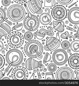 Cartoon line art hand-drawn coffee, coffee shop, cafe, tea, sweets seamless pattern. Lots of symbols, objects and elements. Perfect funny vector background.. Cartoon hand-drawn coffee shop seamless pattern