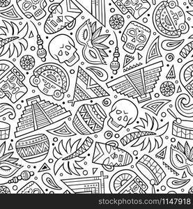 Cartoon line art hand-drawn latin american, mexican seamless pattern. Lots of symbols, objects and elements. Perfect funny vector background.. Cartoon hand-drawn latin american, mexican seamless pattern