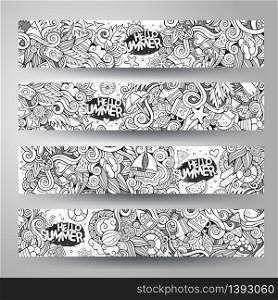 Cartoon line art vector hand-drawn Doodle on the subject of summer time. Horizontal banners design templates set. Cartoon vector hand-drawn Doodle on the subject of summer time.