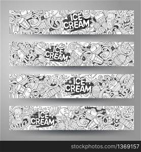 Cartoon line art vector hand drawn doodles ice cream corporate identity. 4 Horizontal banners design. Templates set. Cartoon line art vector doodles ice cream corporate identity