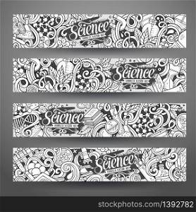 Cartoon line art vector hand drawn doodles science corporate identity. 4 Horizontal banners design. Templates set. Cartoon vector doodles science banners