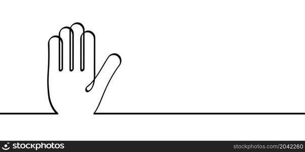Cartoon line drawing hands of stop hand gesture. Continuous line pictogram. Hand palm icon or symbol. Flat vector sign.
