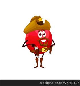 Cartoon lingonberry sheriff character. Vector berry cowboy, cowberry with star badge on hat, boots and guns on belt. Wild west texas red bilberry ranger vitamin hero. Western personage. Cartoon lingonberry sheriff character, cowberry