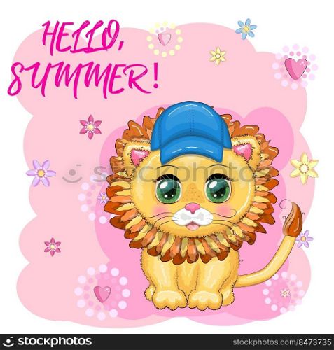 Cartoon lion boy in a blue cap with beautiful eyes, vacation concept, summer postcard. Cartoon lion boy in blue cap with beautiful eyes, childrens card