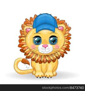 Cartoon lion boy in blue cap with beautiful eyes, childrens card.. Cartoon lion boy in blue cap with beautiful eyes, childrens card